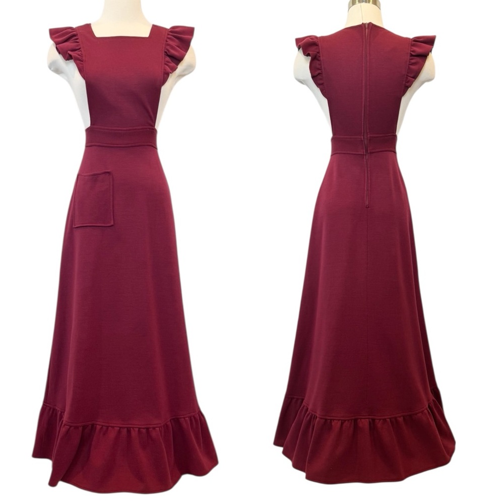 Vintage 70s Corky Craig Stretch Knit Milkmaid Prairie Pinafore Apron Maxi Dress - Picture 2 of 9